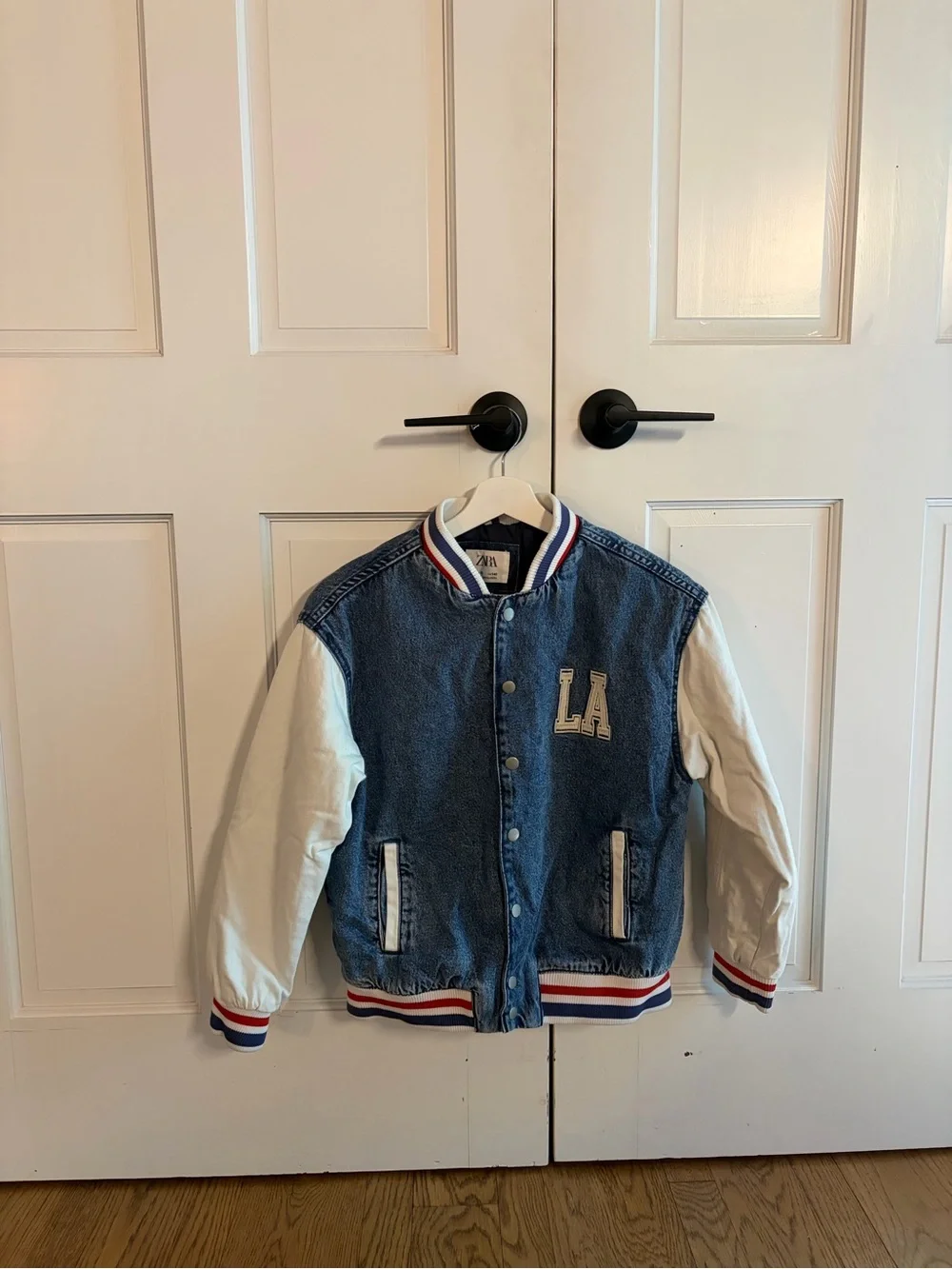 Zara Blue Denim & White Sleeve Kids Varsity Bomber Jacket ♻️🪩